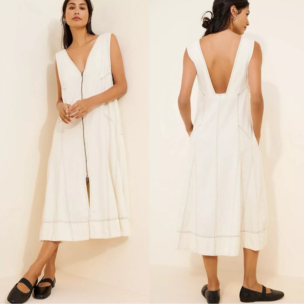Free People Santino Denim Zip Front Midi Dress in Ecru Size Medium Minimalist - Picture 4 of 15